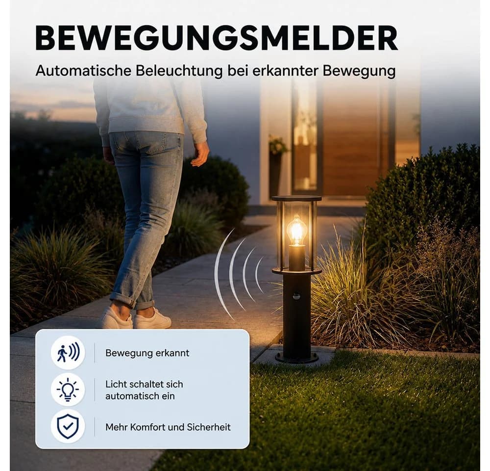 GLOBO LIGHTING Außen-Stehlampe Edelstahl Schwarz mit Bewegungsmelder - Bild 5
