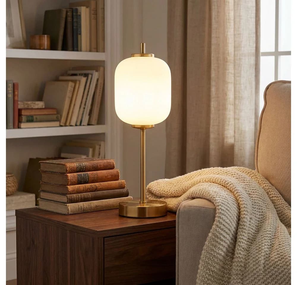 GLOBO LIGHTING Tischleuchte mit opalem Glasschirm und messingfarbenem Metall - Bild 3