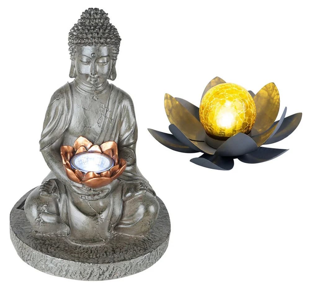 GLOBO LIGHTING Solarleuchte Set Buddha & Lotusblume Grau