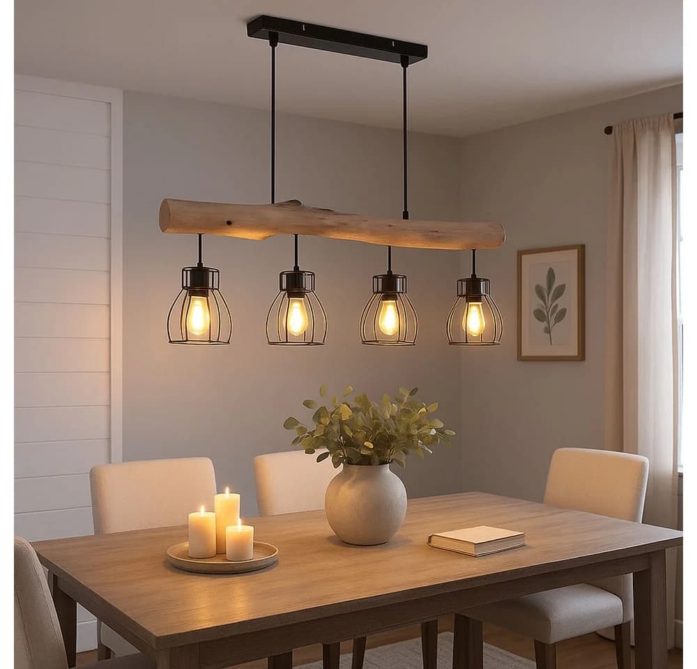 GLOBO LIGHTING LED-Hängeleuchte MINA Schwarz Metall Holz 4x E27 Warmweiß - Bild 4