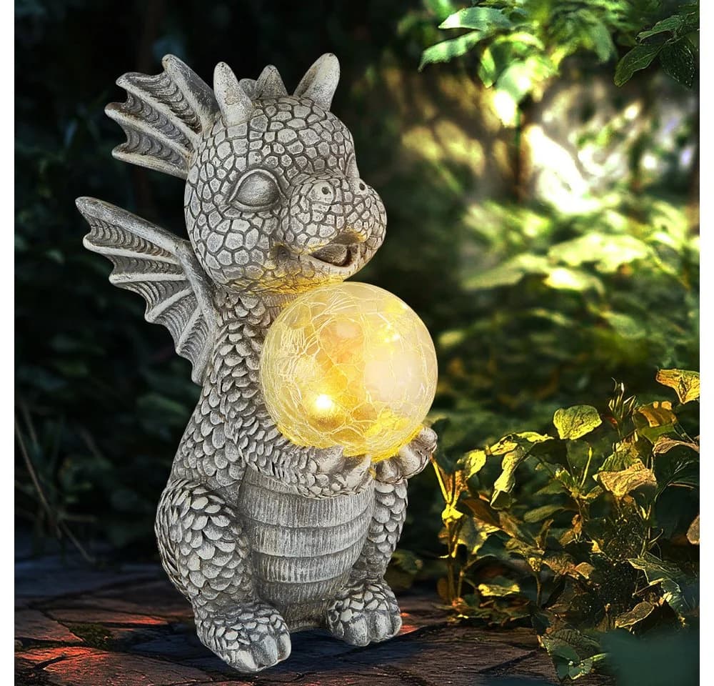 GLOBO LIGHTING Solarleuchte Drache Grau mit Crackle Glas