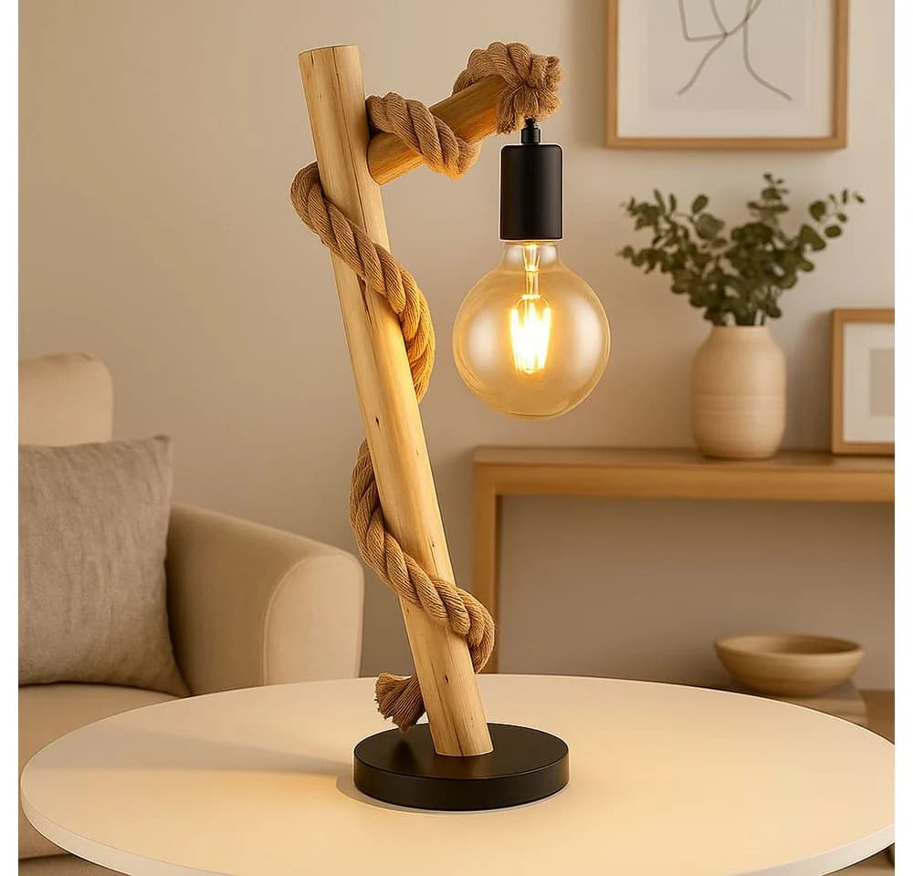 GLOBO LIGHTING LED Tischleuchte Holz Hanfseil Schlafzimmerlampe - Bild 2