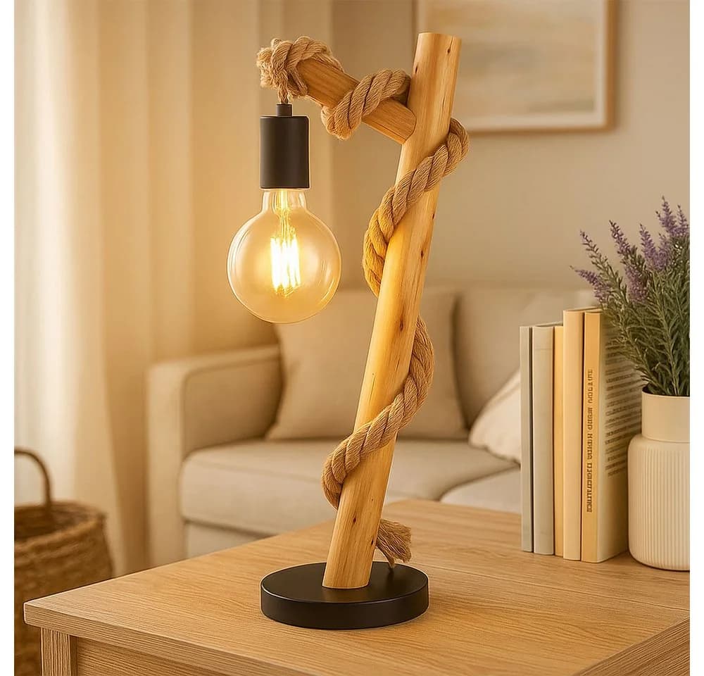 GLOBO LIGHTING LED Tischleuchte Holz Hanfseil Schlafzimmerlampe - Bild 3