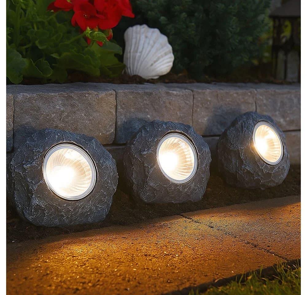 GLOBO LIGHTING 3x Solar Stein Außenleuchte Grau LED