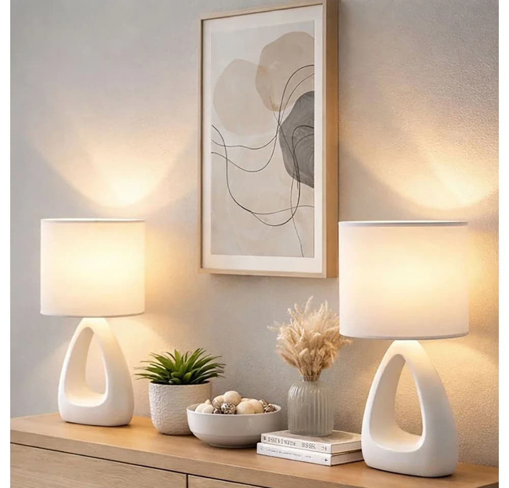GLOBO LIGHTING Tischleuchte Keramik Textil Weiß Nachttischleuchte Wohnzimmer 2er Set - Bild 2