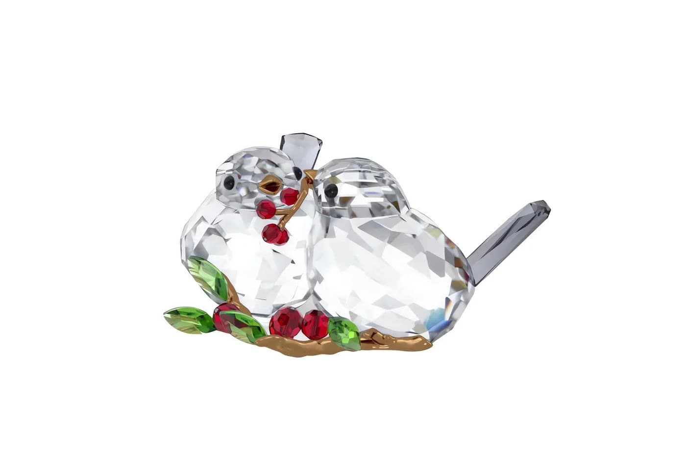 Swarovski Dekofigur Kristallfigur Idyllia Vogelpaar und Beeren, Kristallweiß, Rot, Grün, Grau, Bronzefarben
