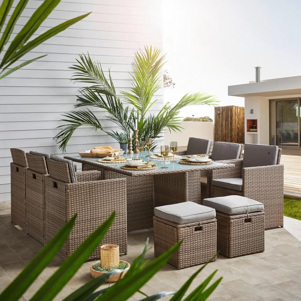 Ambia Garden Gartentischgruppe 10-tlg. Braun Beige Kunststoffgeflecht