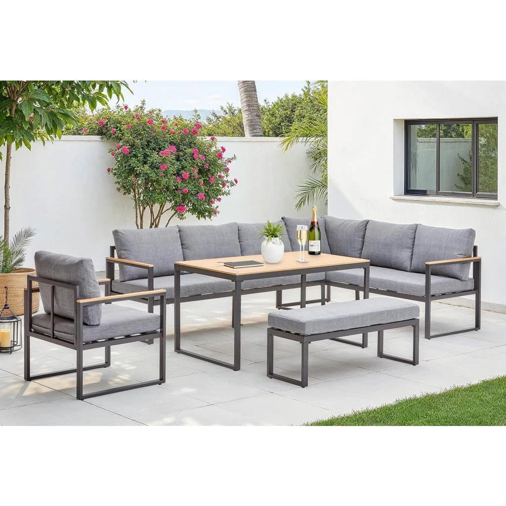 Ambia Garden Dining-Loungeset Grau Natur Metall Kunststoff Textil 5-teilig