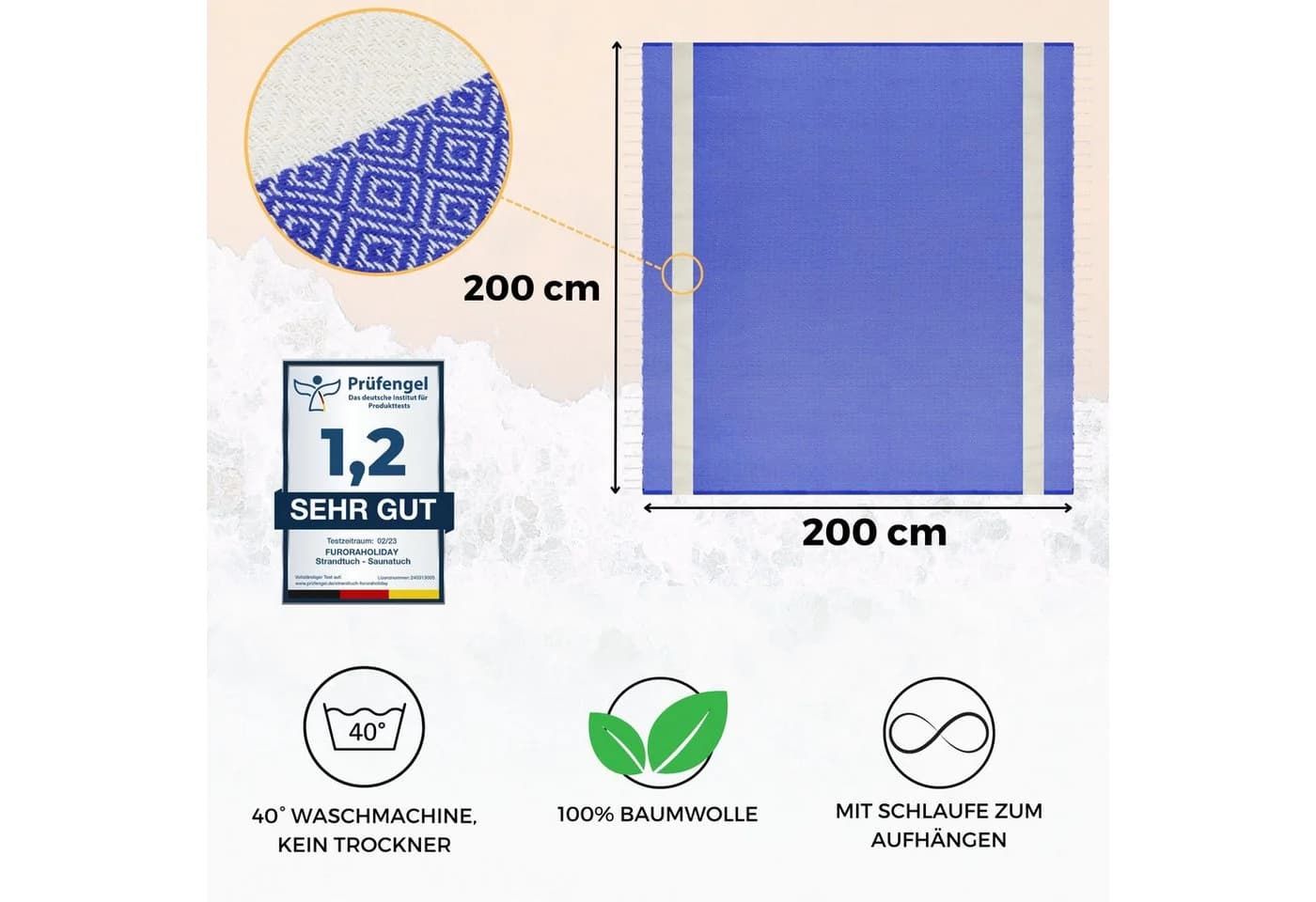 furora HOLIDAY Strandtuch XXL 200x200 cm Baumwolle Dunkelblau Premium Fouta - Bild 3