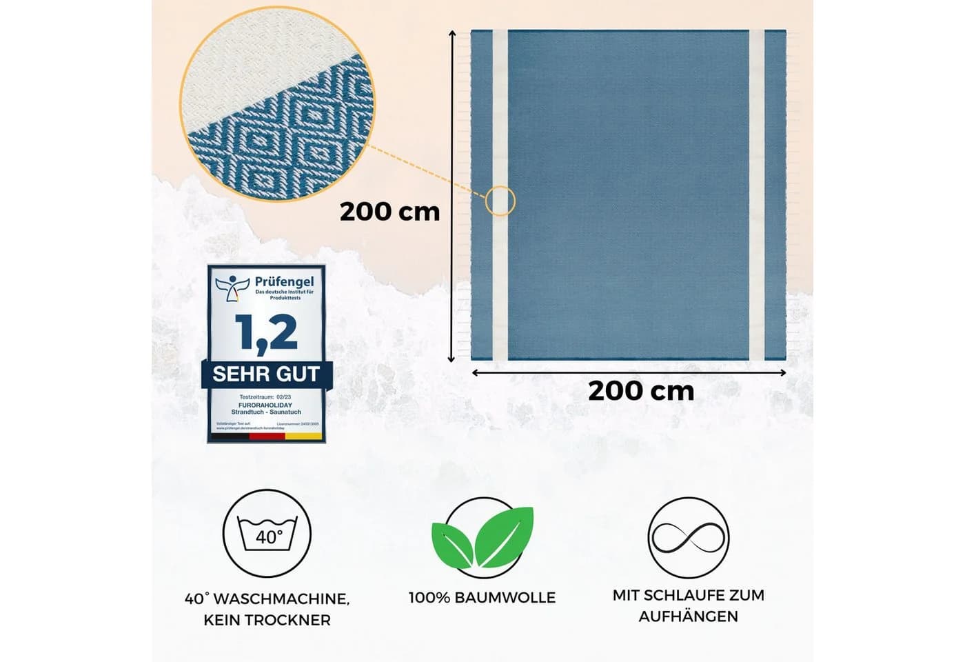 furora HOLIDAY Strandtuch XXL 200x200 cm Baumwolle Blau - Bild 3