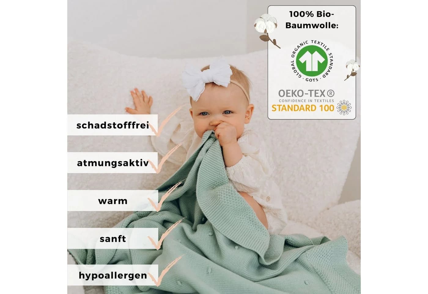 Babydecke Baumwolle (Bio) XXL 75x100 cm Strickmuster furora BABY - Bild 3
