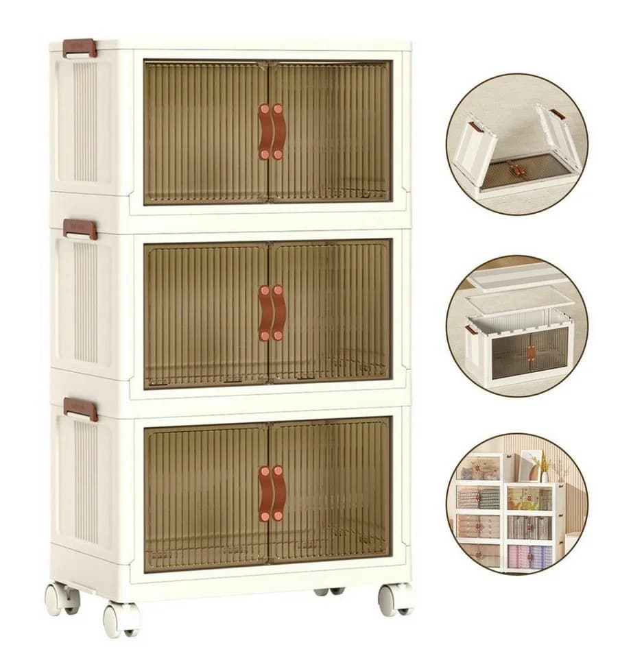 Simloveve Stapelbox Faltbar mit Deckel und Rädern Beige - Bild 2