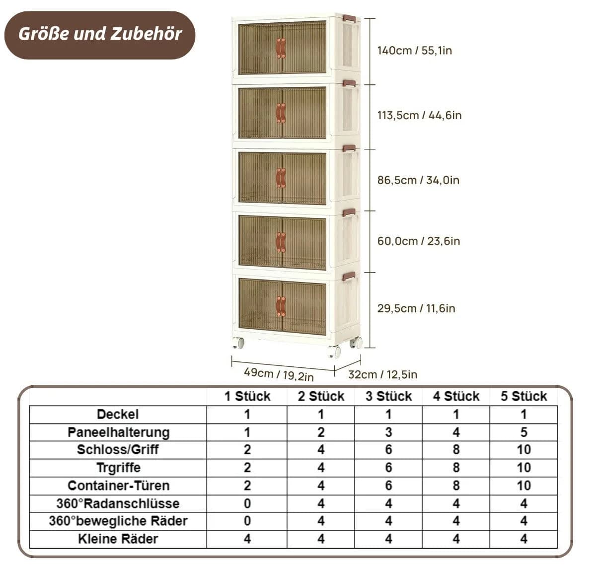 Simloveve Stapelbare Aufbewahrungsbox mit Deckel & Rollen Beige Transparent