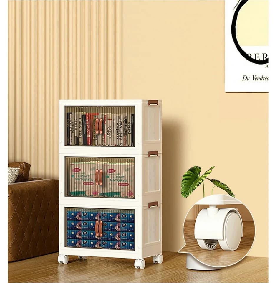 Simloveve Stapelbare Aufbewahrungsbox mit Deckel & Rollen Beige Transparent - Bild 2