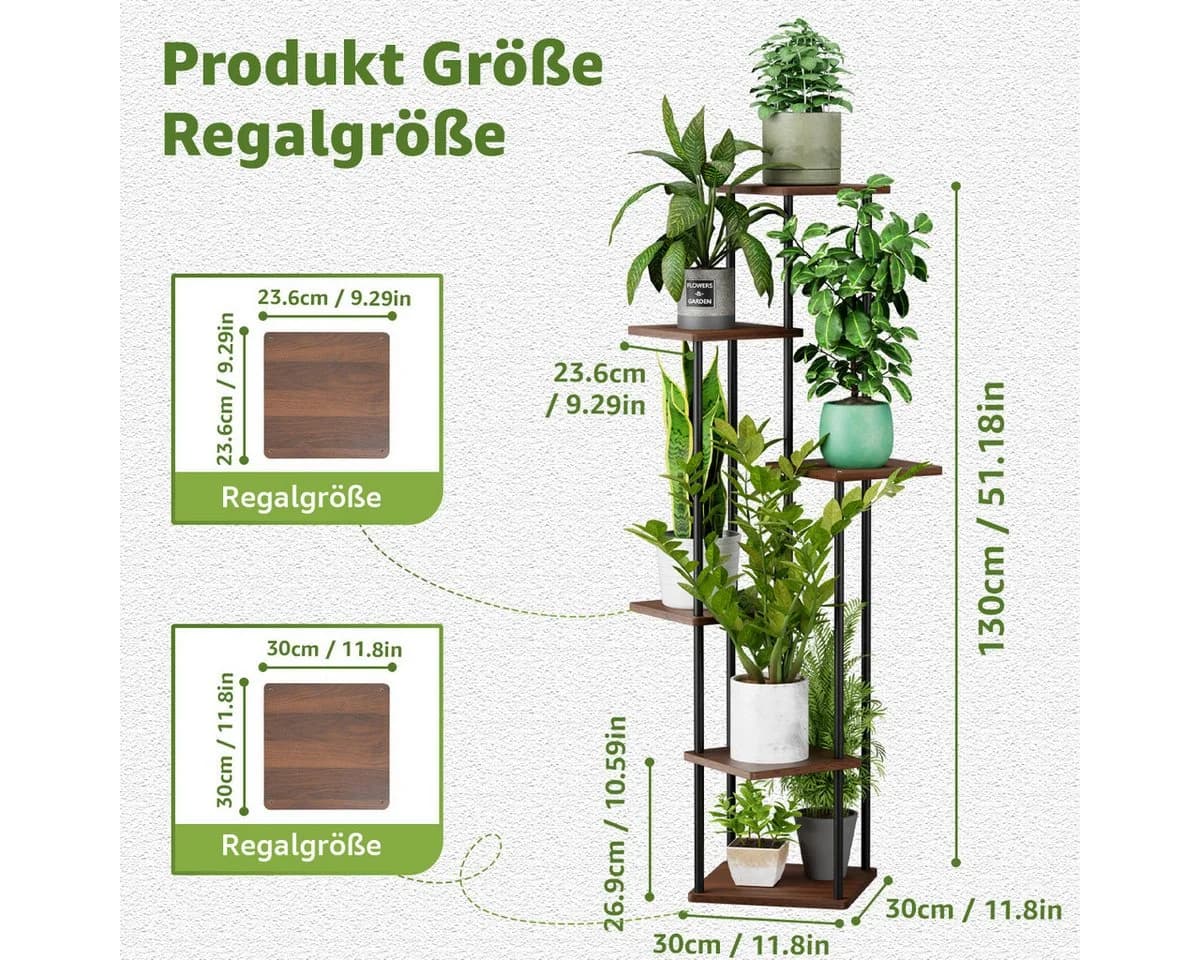 Simloveve Blumenständer 6 Etagen Metall Holz Braun Pflanzenregal