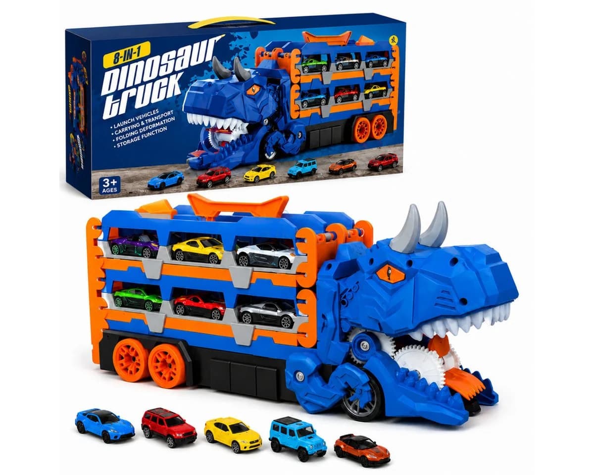R2 Invest Dinosaurier Autotransporter mit Garage, Abschussrampe & 6 Metallautos