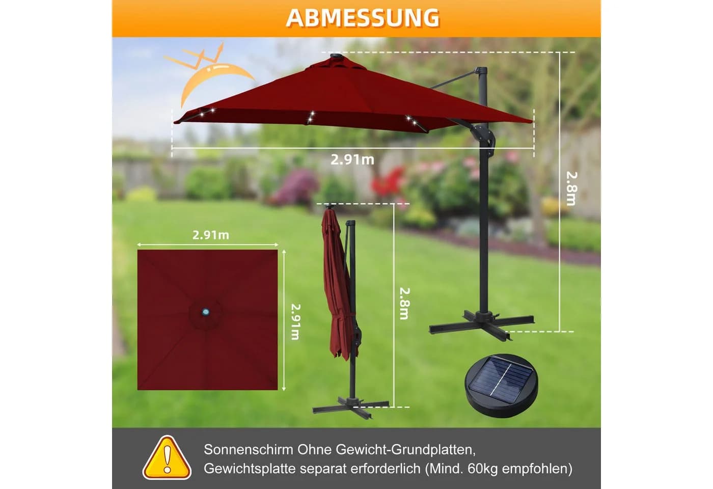 Clanmacy Marktschirm 300cm Rot Wasserdicht UV50+ 360° schwenkbar