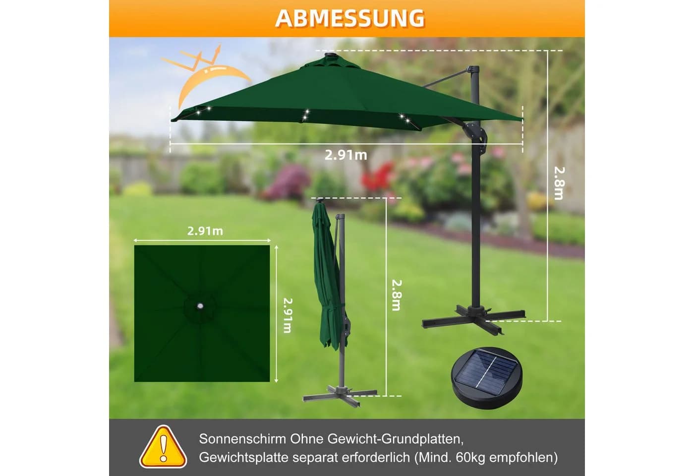 Clanmacy Ampelschirm Marktschirm Wasserdicht Beschichtung 360° Schwenkbar Kurbelmechanik