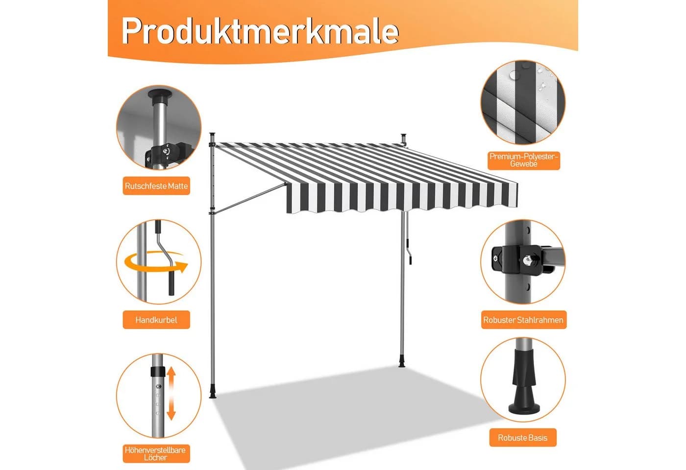 Clanmacy Klemmmarkise 200cm Grau Weiß mit Handkurbel - Bild 3