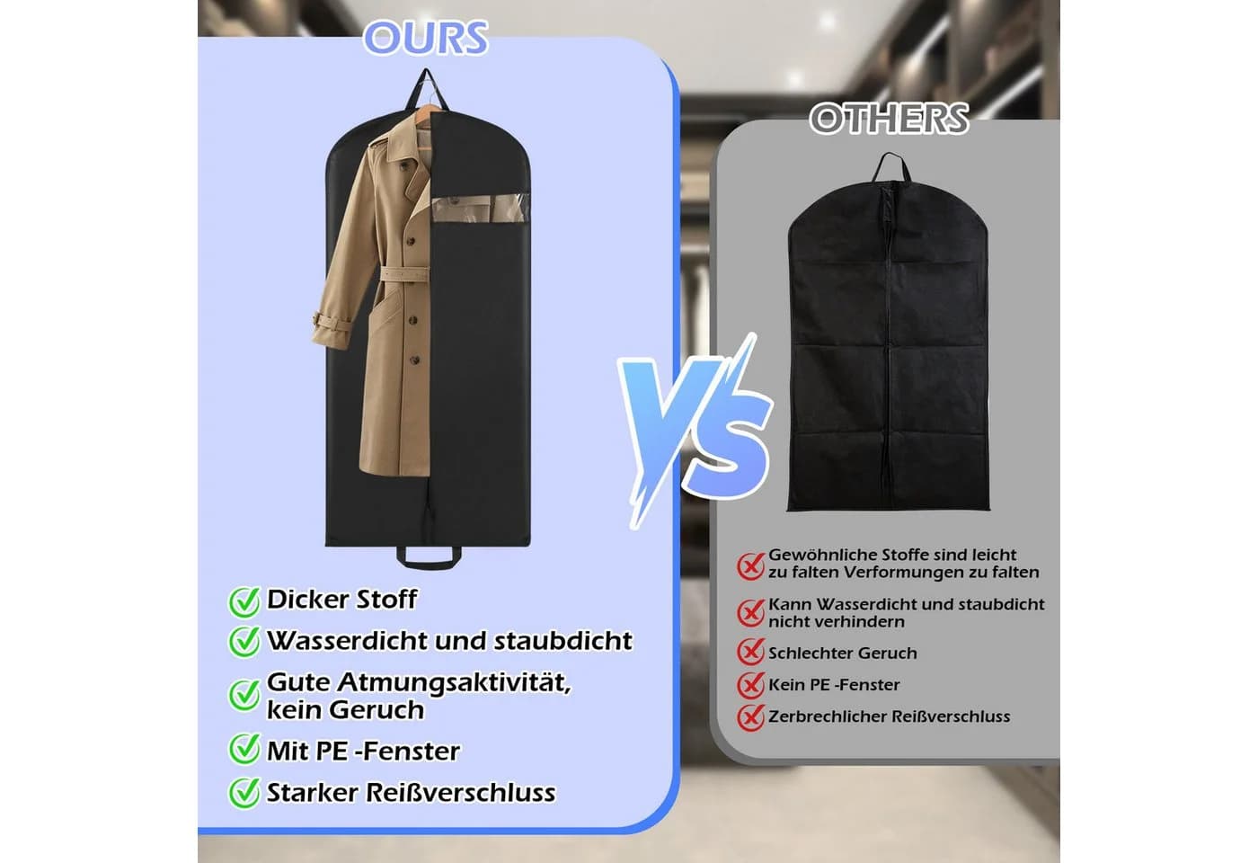 Clanmacy Kleidersack 3St. Schwarz Vliesstoff mit Schuhbeutel - Bild 3