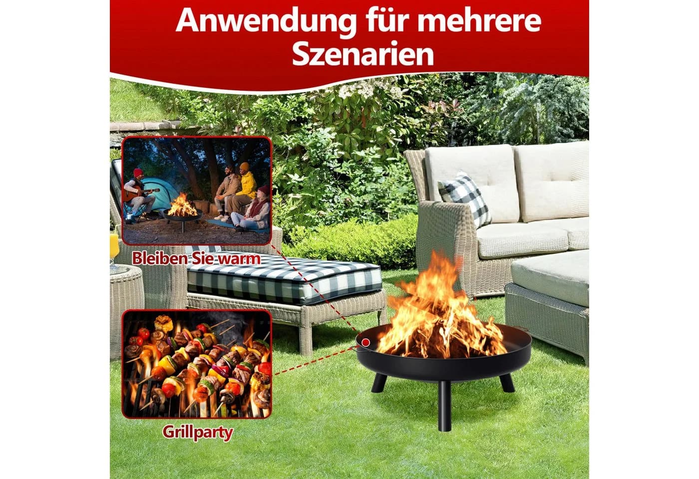 Clanmacy Feuerschale Garten Schwarz Verzinktes Eisen - Bild 3