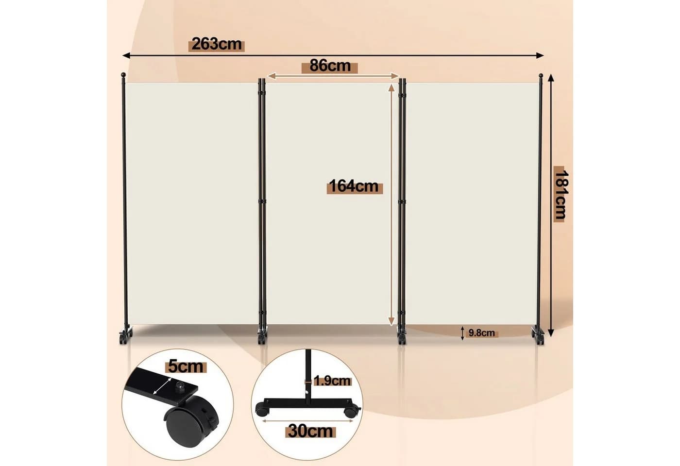 Clanmacy Paravent Raumtrenner Beige mit Rollen Klappbar