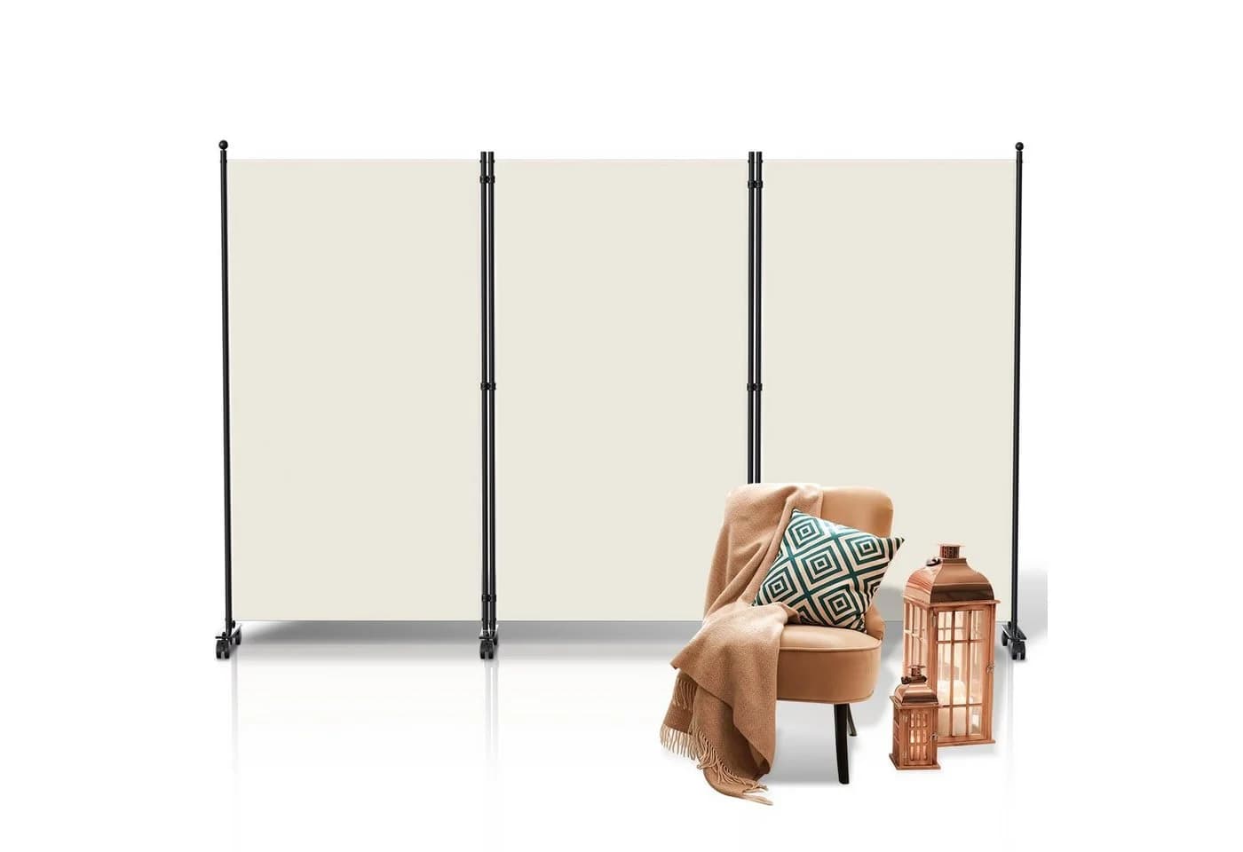 Clanmacy Paravent Raumtrenner Beige mit Rollen Klappbar - Bild 2