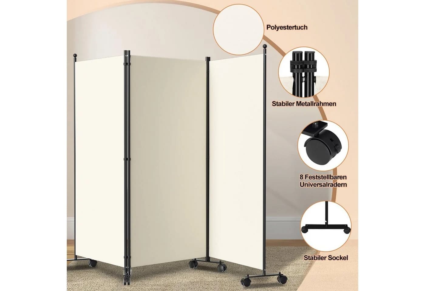 Clanmacy Paravent Raumtrenner Beige mit Rollen Klappbar - Bild 4
