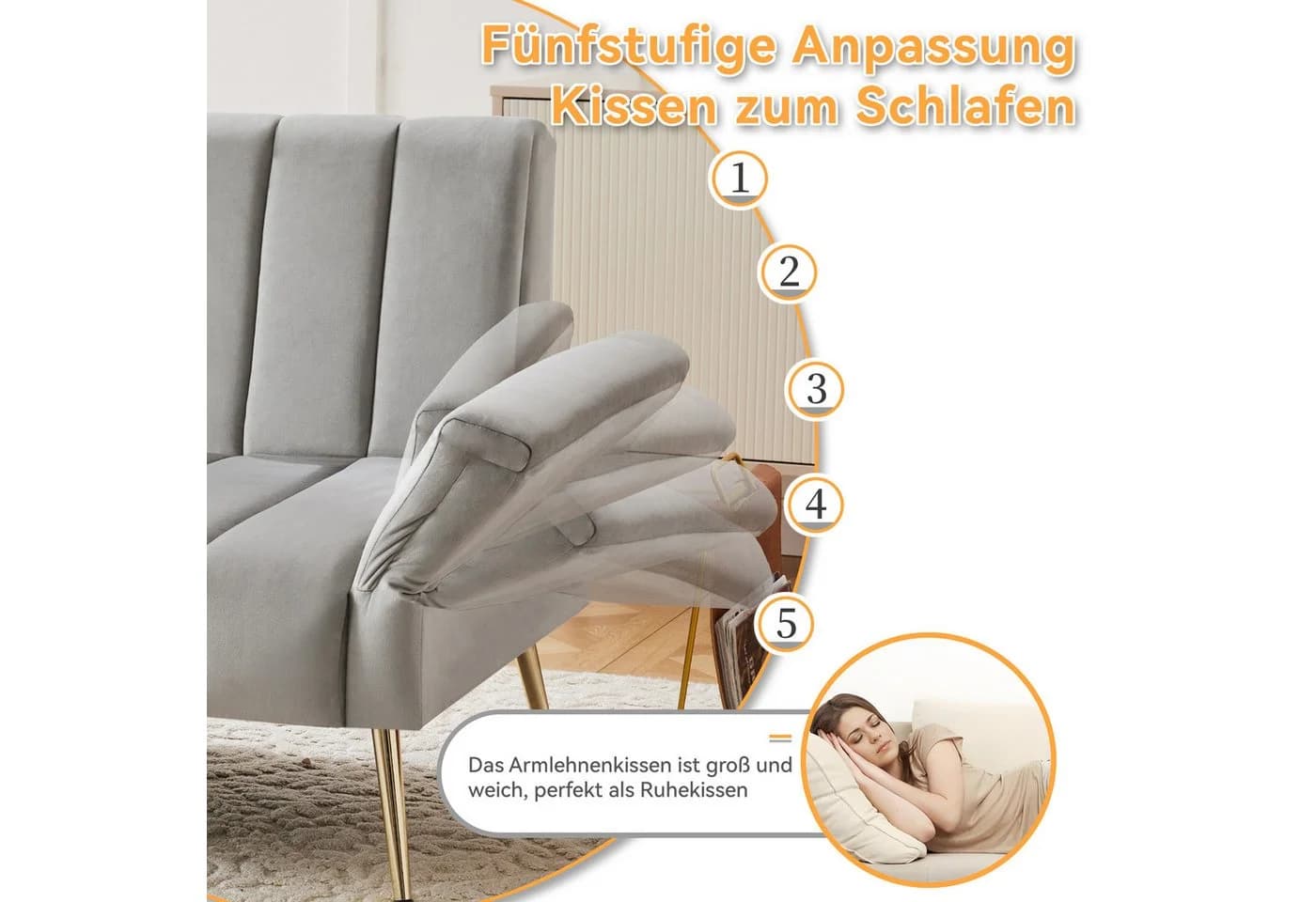 i@home Schlafsofa mit Samtbezug und 5-stufiger Verstellung Grau/Schwarz/Beige - Bild 3
