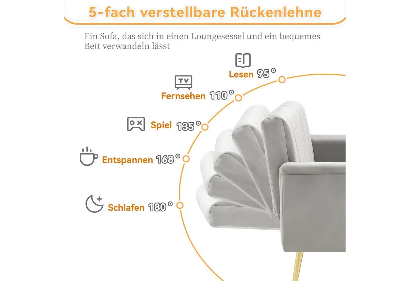 i@home Schlafsofa mit Samtbezug und 5-stufiger Verstellung Grau/Schwarz/Beige - Bild 4