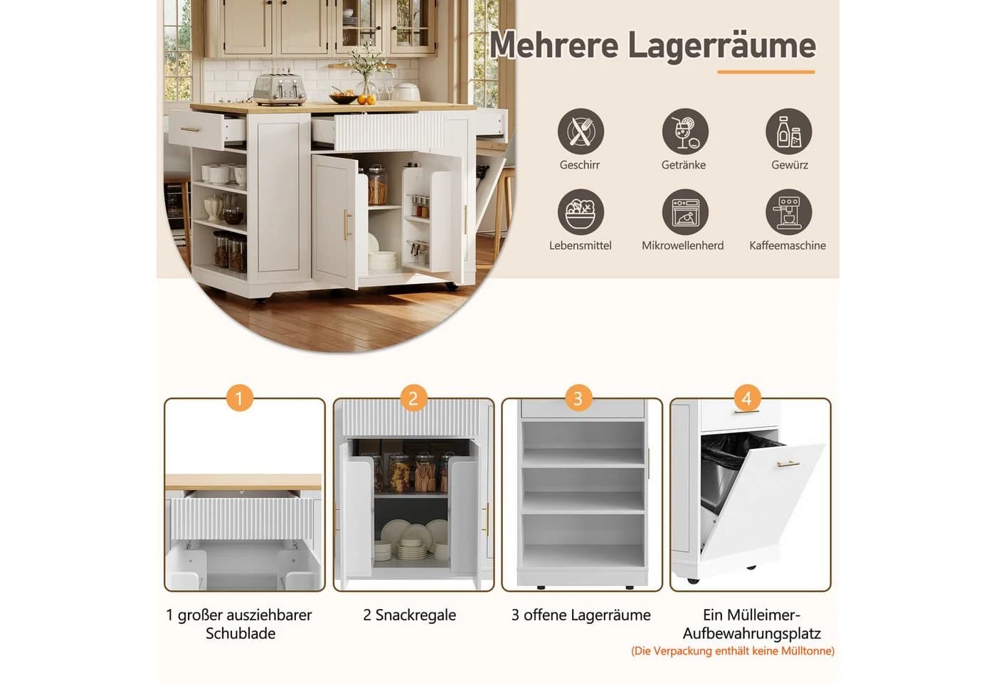 i@home Kücheninsel mit Rollen, Viel Stauraum, Integrierter Abfallbehälter - Bild 3