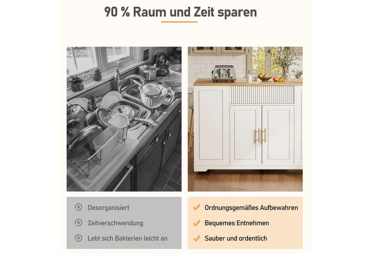 i@home Kücheninsel mit Rollen, Viel Stauraum, Integrierter Abfallbehälter - Bild 4