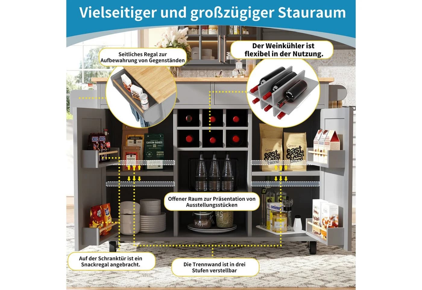 i@home Kücheninsel mit Stauraum, Küchenwagen mit Arbeitsplatte, 360° drehbare Rollen, Herausnehmbares Weinregal - Bild 3