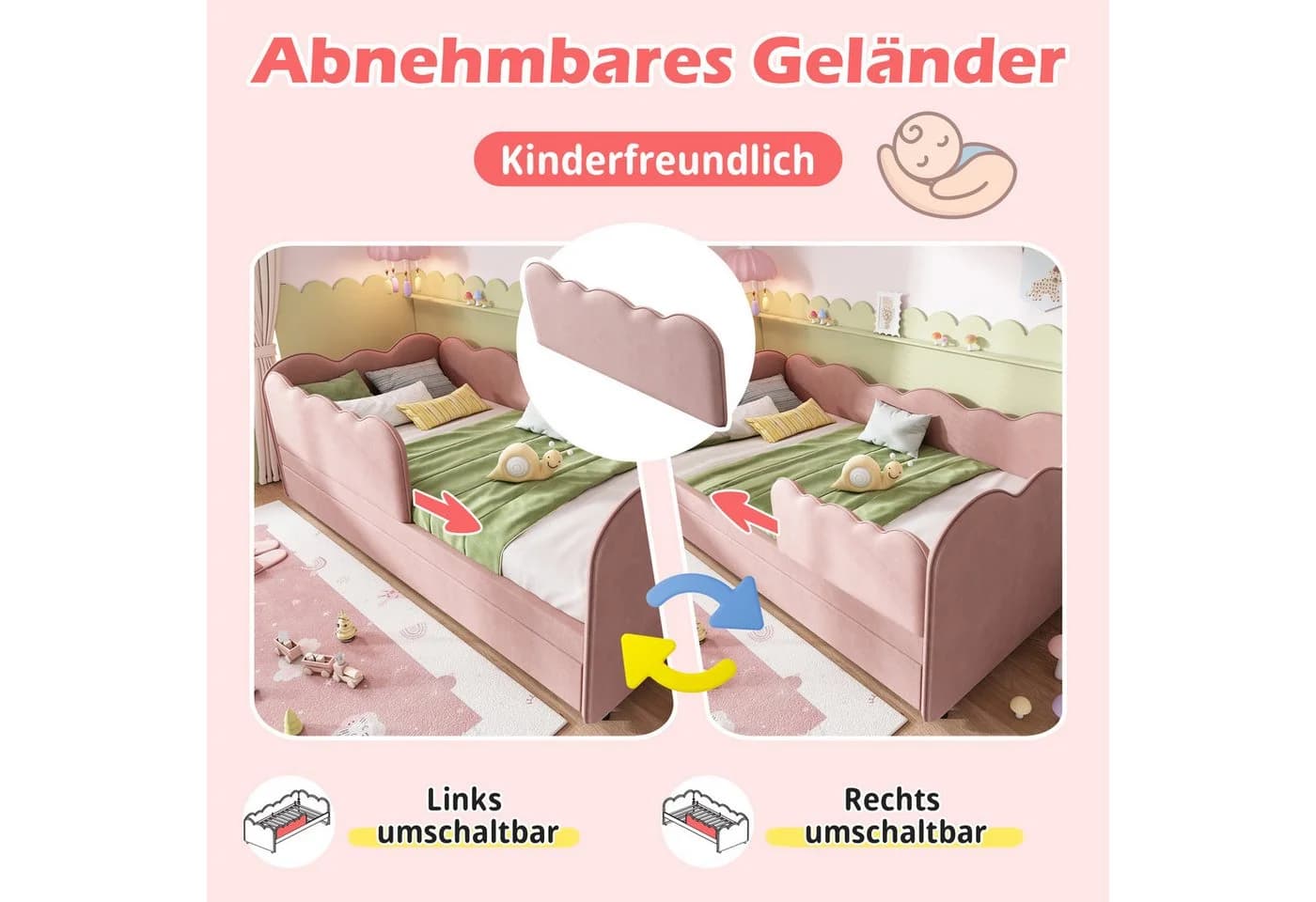 i@home Kinderbett mit Ausziehbett, Tagesbett, Sofa Bett, 90x190cm, Platzsparend und Multifunktional