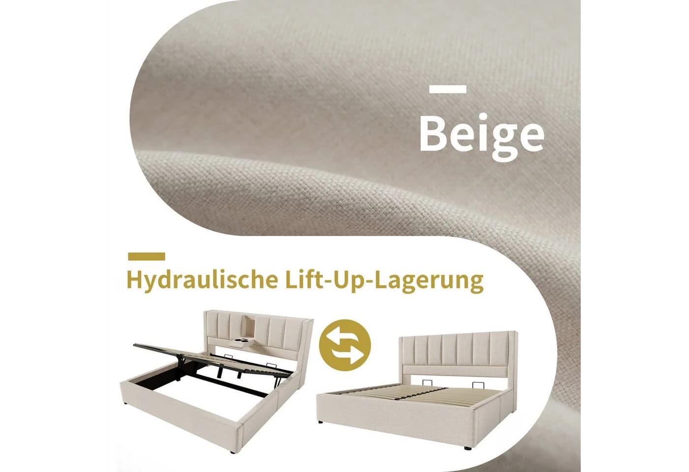 i@home Polsterbett 160x200 Beige mit Stauraum & Ladestation - Bild 3