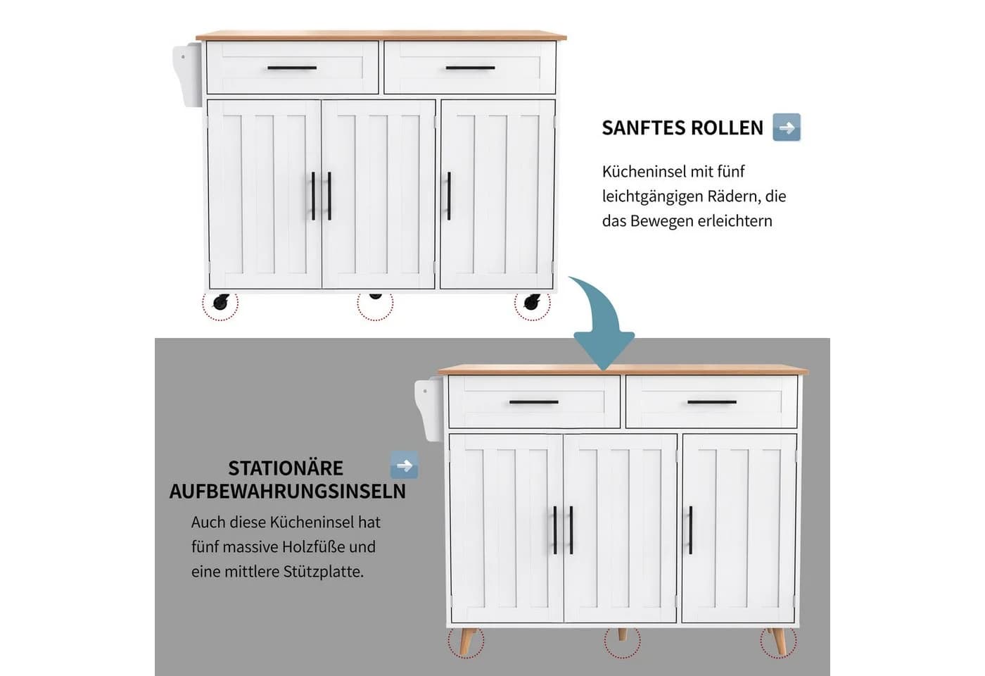i@home Kücheninsel mit Klapptisch & Stauraum - 129x46(71)x91,5cm Esstischwagen - Bild 5