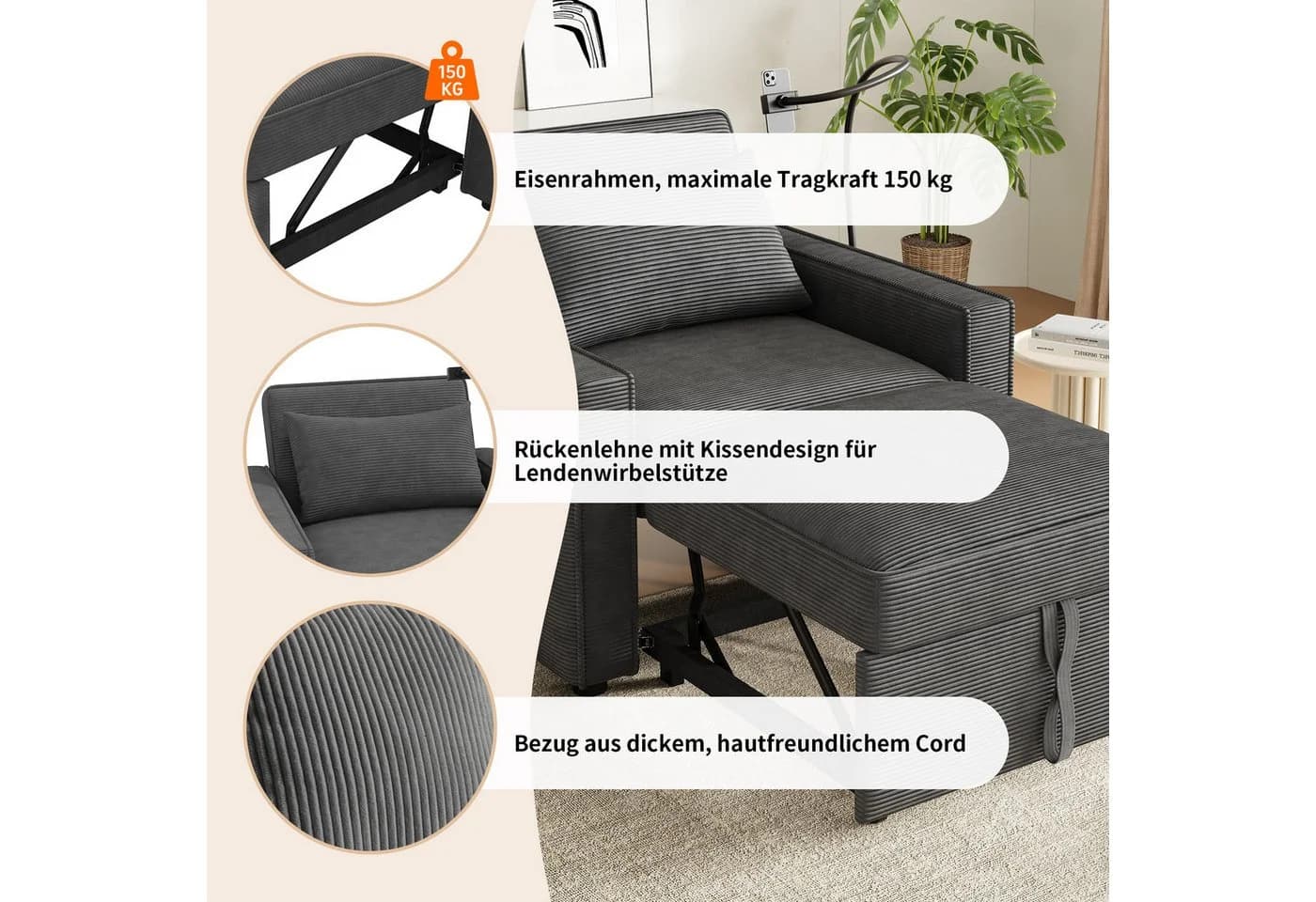 i@home Relaxsessel 1-Sitzer Sofa Grau/Beige mit USB-Ladeanschluss und Handyhalter - Bild 3