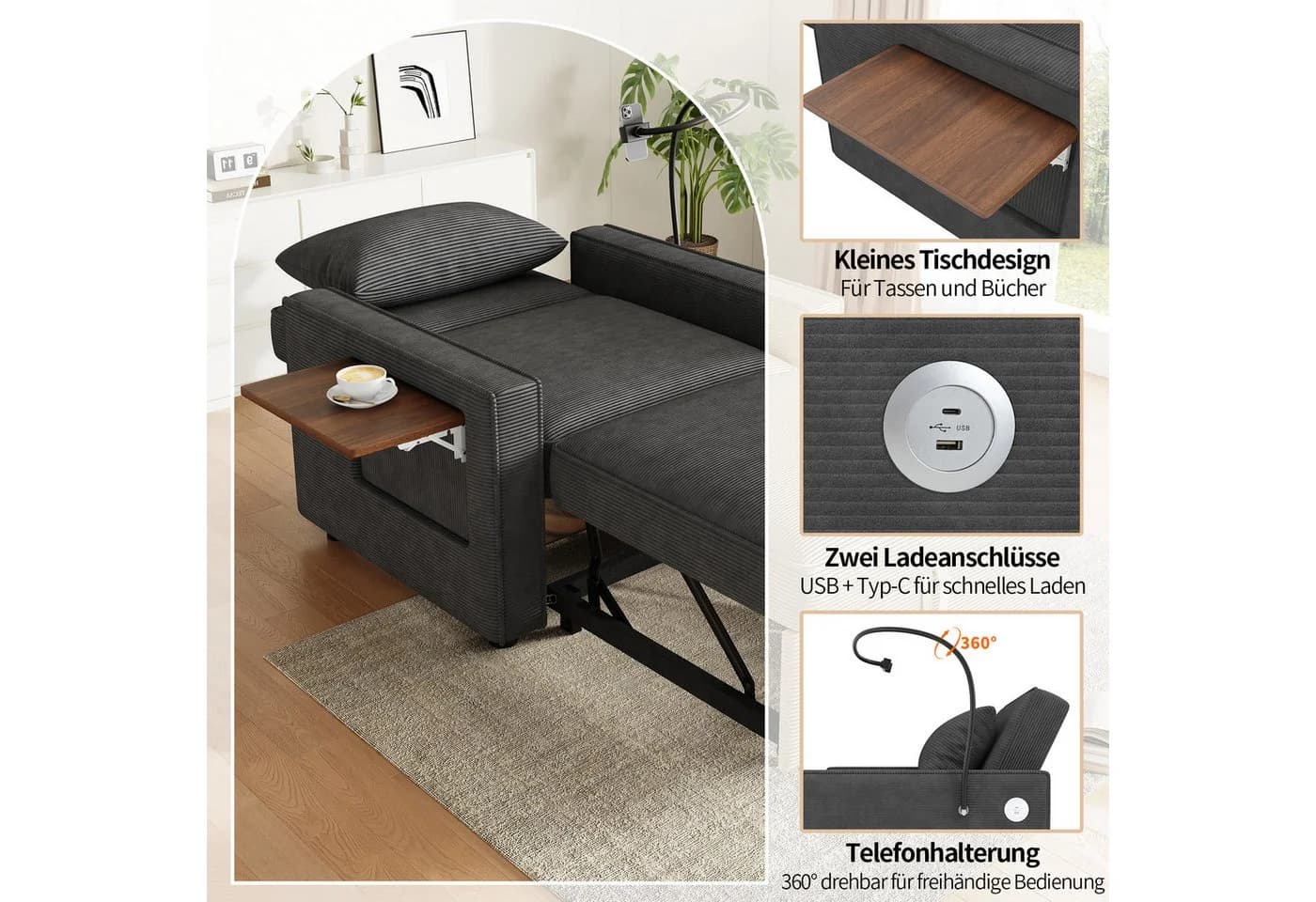 i@home Relaxsessel 1-Sitzer Sofa Grau/Beige mit USB-Ladeanschluss und Handyhalter - Bild 4