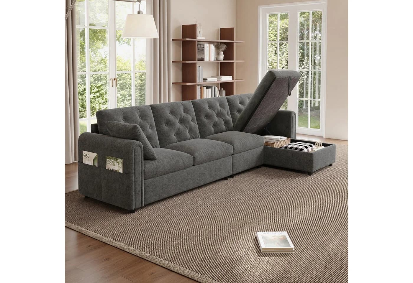 i@home Ecksofa L-Form 4-Sitzer Beige/Grau Samt mit Stauraum