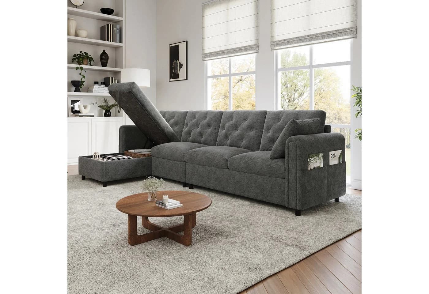 i@home Ecksofa L-Form 4-Sitzer Beige/Grau Samt mit Stauraum - Bild 3