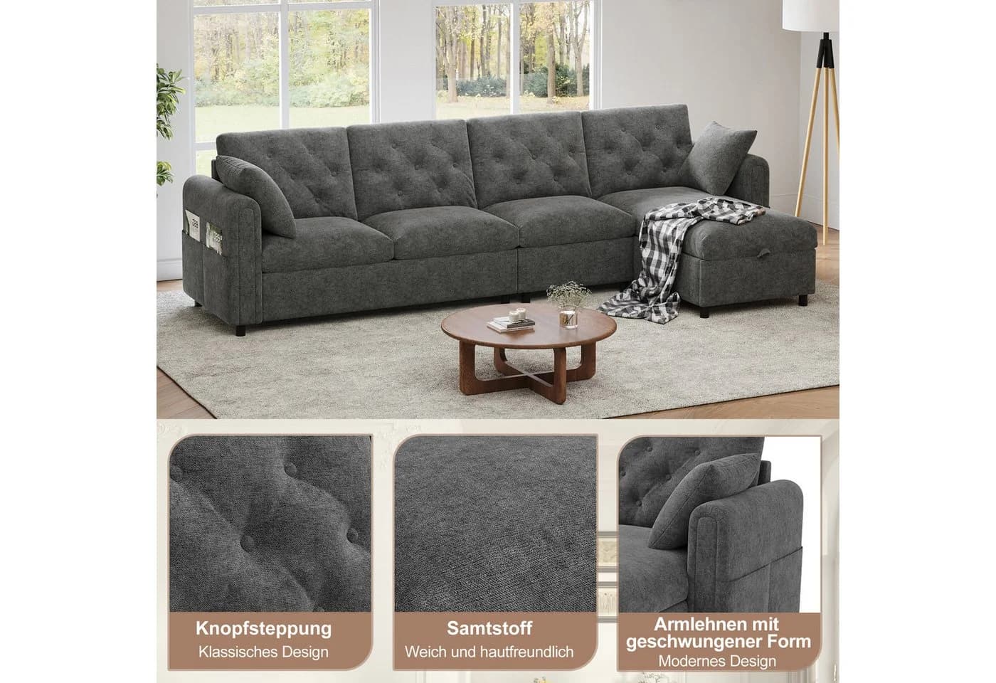 i@home Ecksofa L-Form 4-Sitzer Beige/Grau Samt mit Stauraum - Bild 4