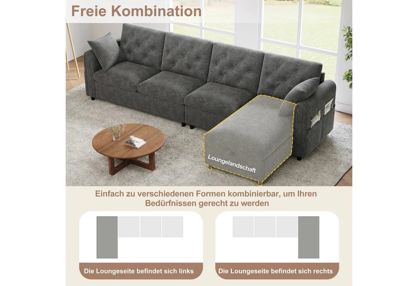 i@home Ecksofa L-Form 4-Sitzer Beige/Grau Samt mit Stauraum - Bild 5