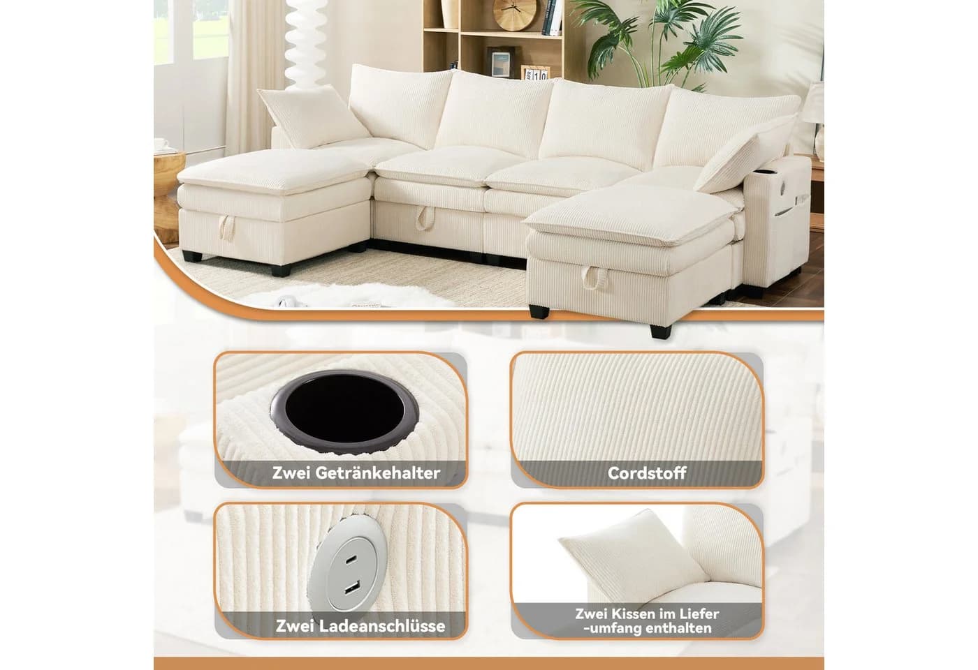 i@home Ecksofa 6-Sitzer grau/weiß mit USB-Anschlüssen - Bild 5