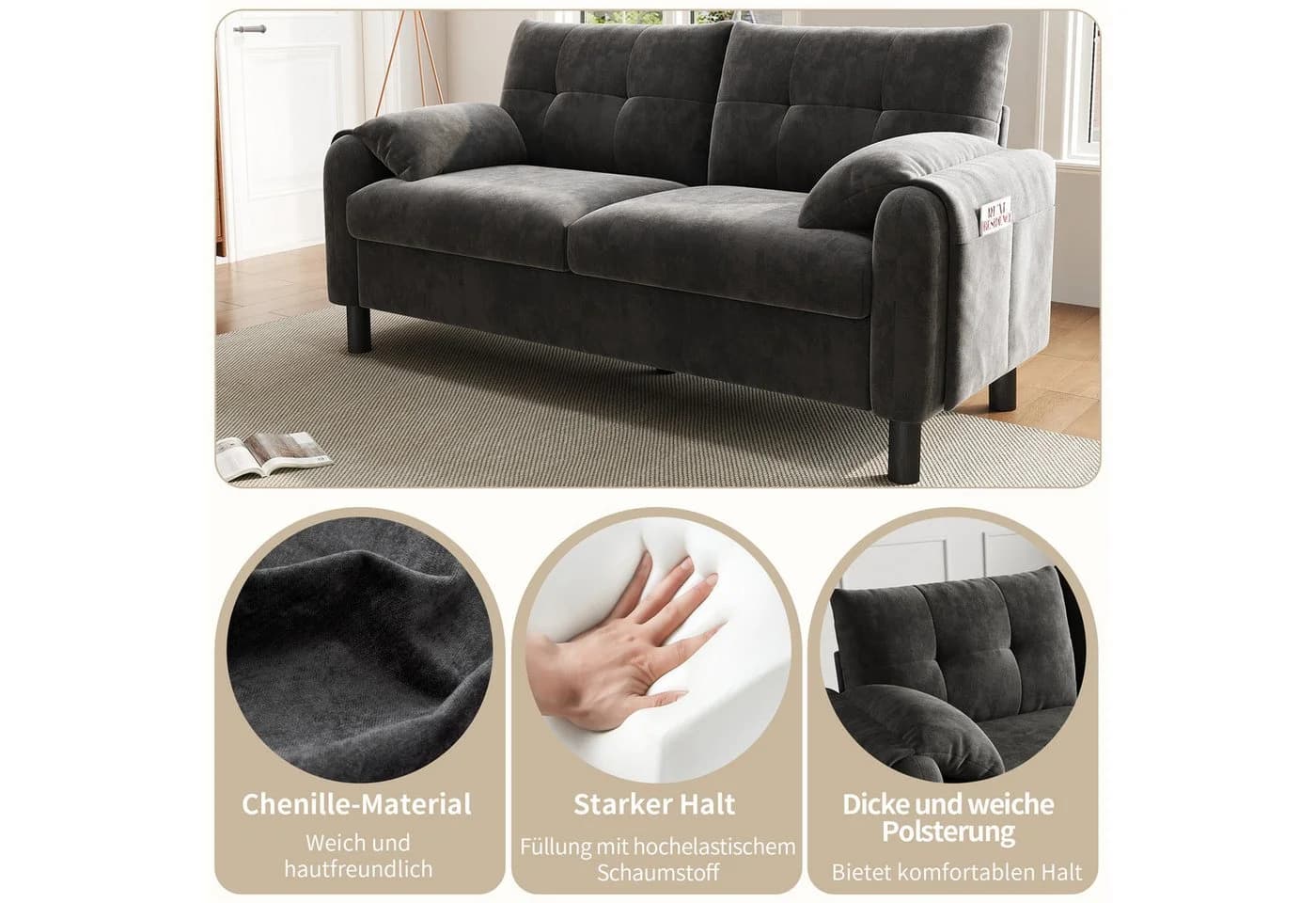 i@home 2-Sitzer Polstersofa Beige/Grau Chenille Stoff - Bild 4