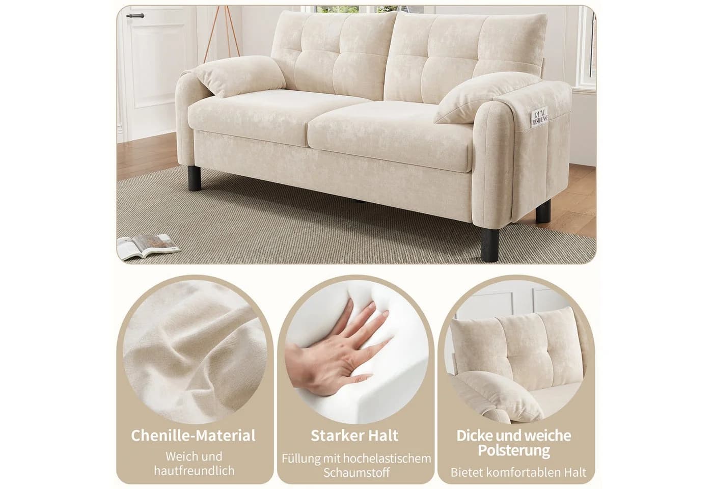 i@home 2-Sitzer Polstersofa Beige/Grau Chenille Stoff - Bild 3