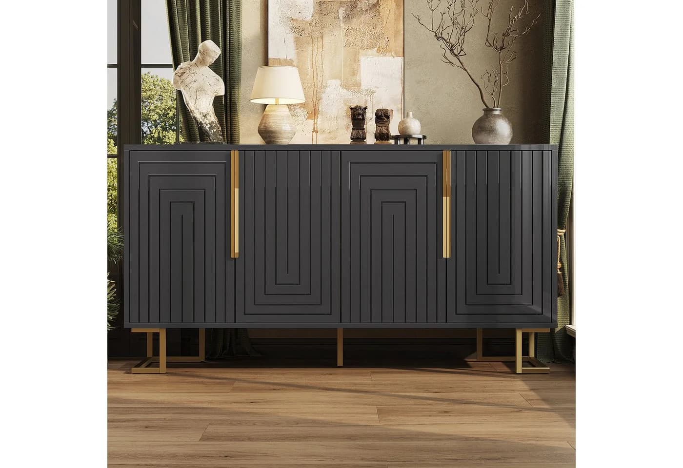 i@home Sideboard Weiß/Schwarz mit Goldgriffen