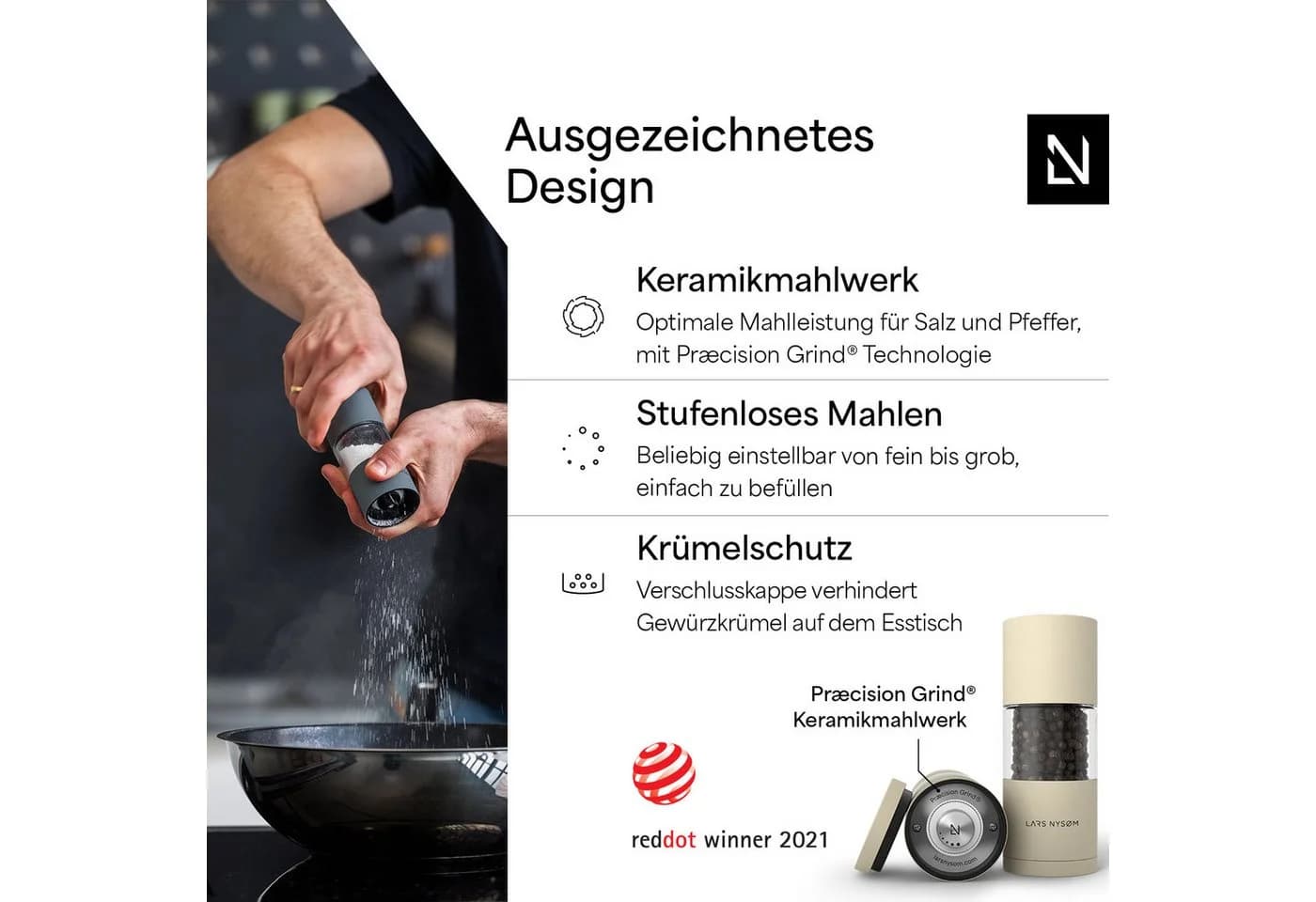 LARS NYSØM Gewürzmühle Sjæl Set 2-tlg. Edelstahl Keramikmahlwerk Beige/Weiß