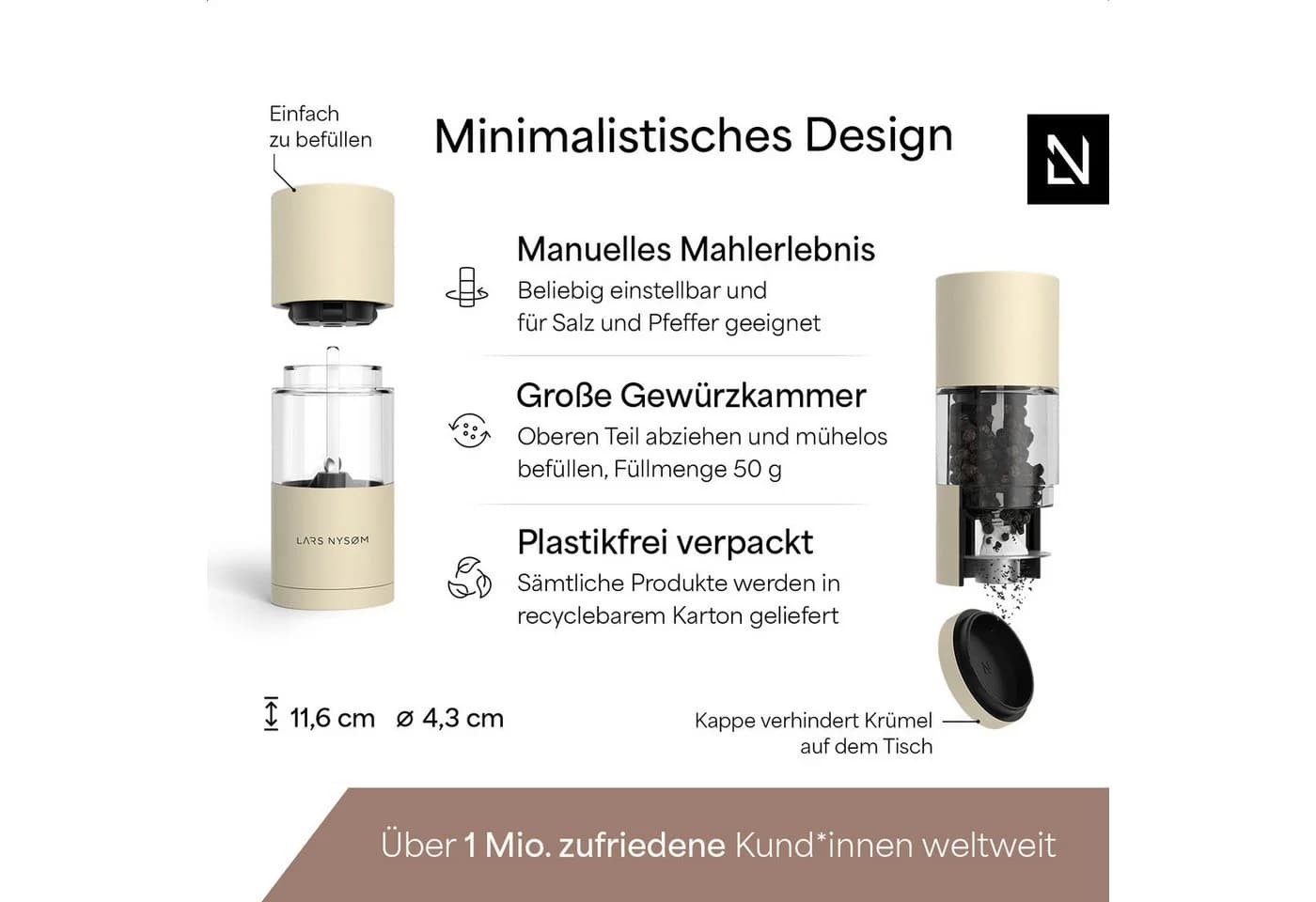 LARS NYSØM Gewürzmühle Sjæl Set 2-tlg. Edelstahl Keramikmahlwerk Beige/Weiß - Bild 4