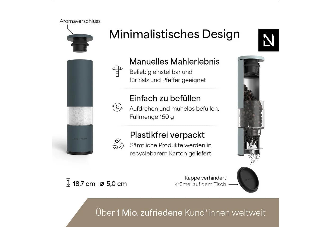 LARS NYSØM Gewürzmühle Lagom 2er Set Edelstahl Keramikmahlwerk - Bild 4