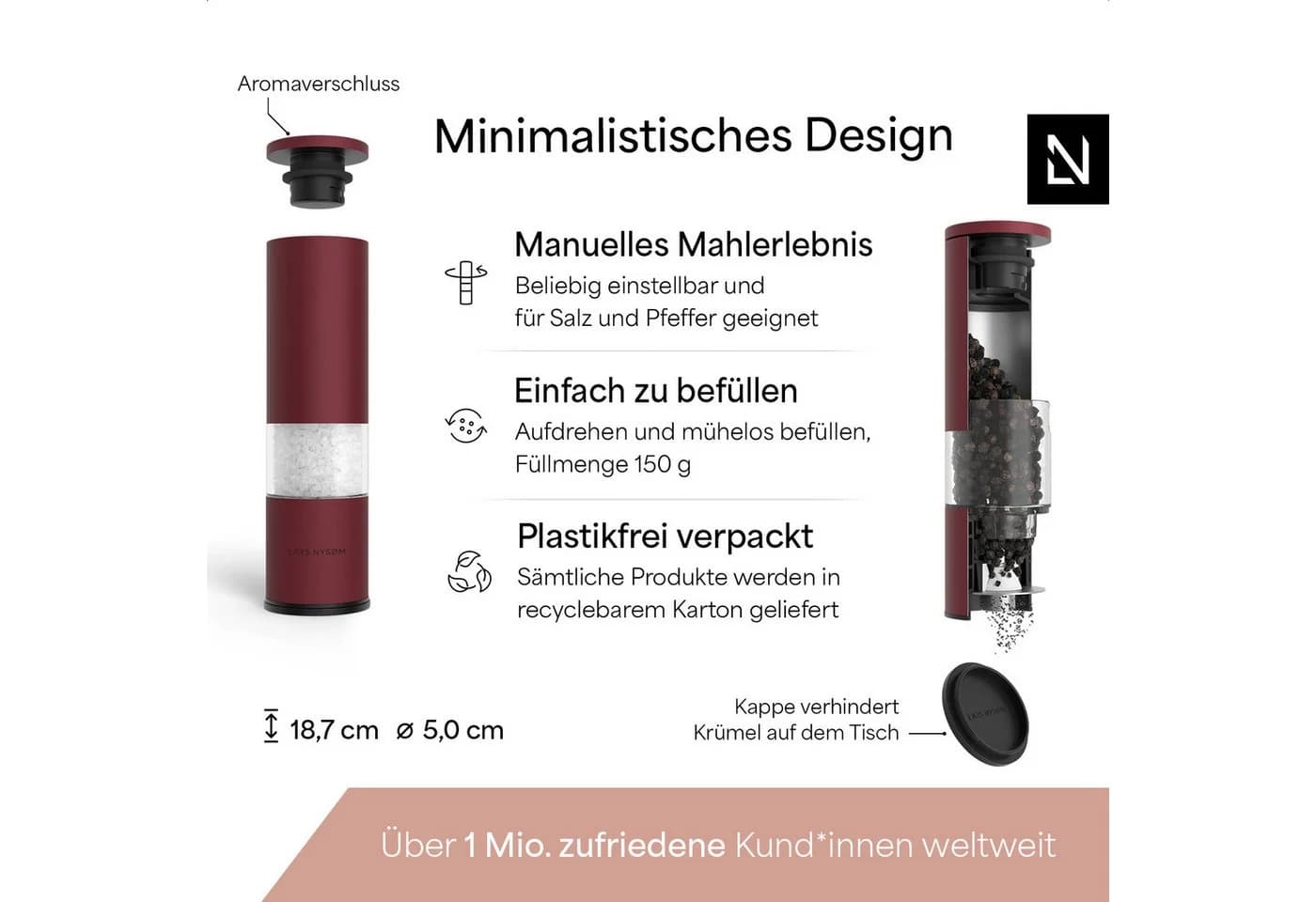 LARS NYSØM Gewürzmühle Lagom 2er Set Edelstahl Keramikmahlwerk - Bild 4